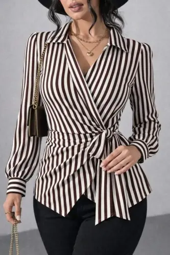 Kadın çizgili Kruvaze Bağlamalı Gömlek - 1