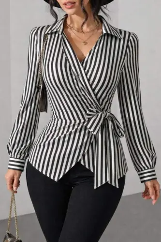Kadın çizgili Kruvaze Bağlamalı Gömlek - BÜYÜKBEDENIZ (1)