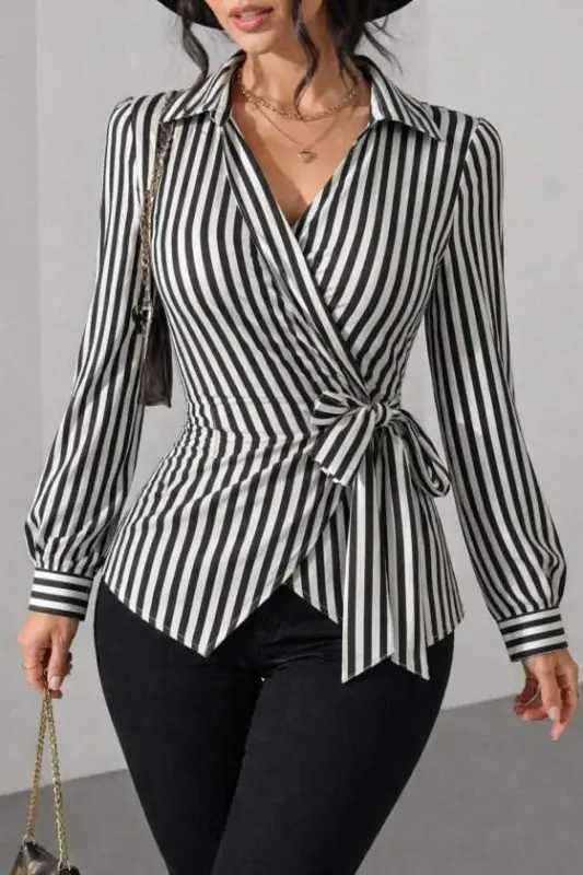 Kadın çizgili Kruvaze Bağlamalı Gömlek - 2