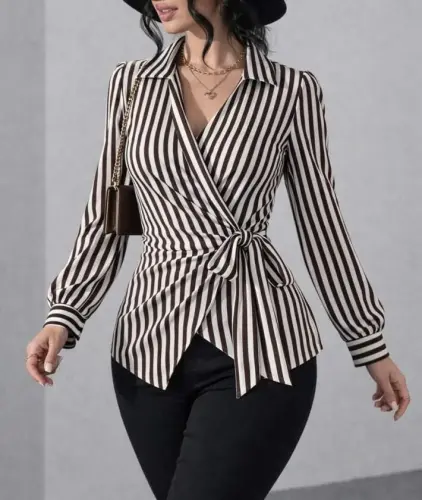 Kadın çizgili Kruvaze Bağlamalı Gömlek - 3
