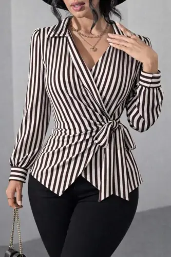 Kadın çizgili Kruvaze Bağlamalı Gömlek - 4