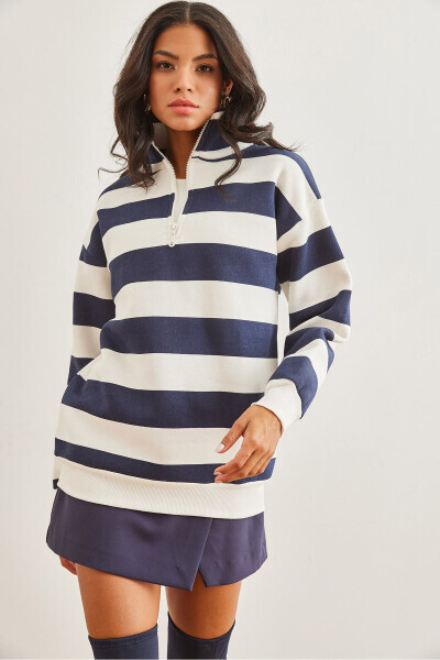 Kadın Çizgili Lacivert Fermuarlı Dik Yaka Şardonlu Kalın Sweatshirt SWT-19000690 - Çizgili Lacivert - 1