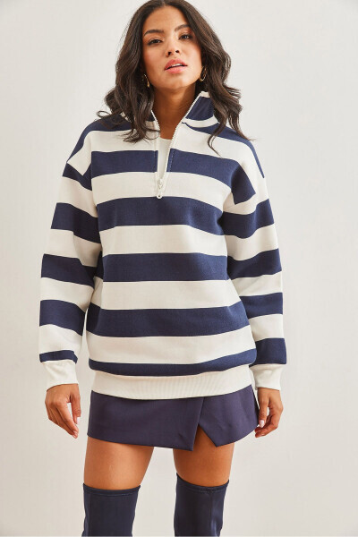 Kadın Çizgili Lacivert Fermuarlı Dik Yaka Şardonlu Kalın Sweatshirt SWT-19000690 - Çizgili Lacivert - 2