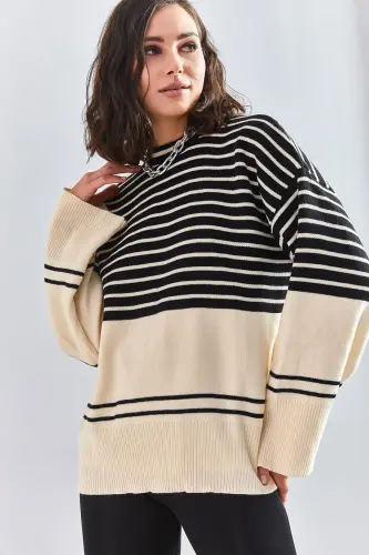 Kadın Çizgili Triko Kazak-Siyah 