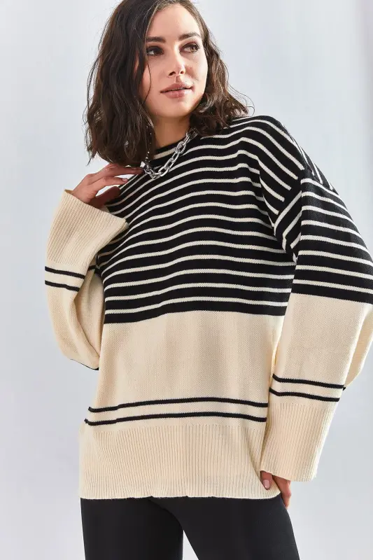 Kadın Çizgili Triko Kazak-Siyah - 1