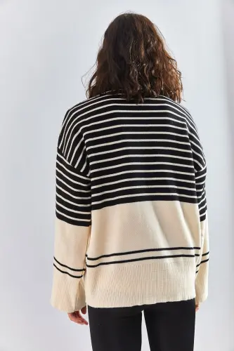 Kadın Çizgili Triko Kazak-Siyah - BIANCO LUCCI (1)