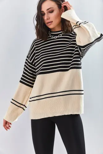 Kadın Çizgili Triko Kazak-Siyah - 3
