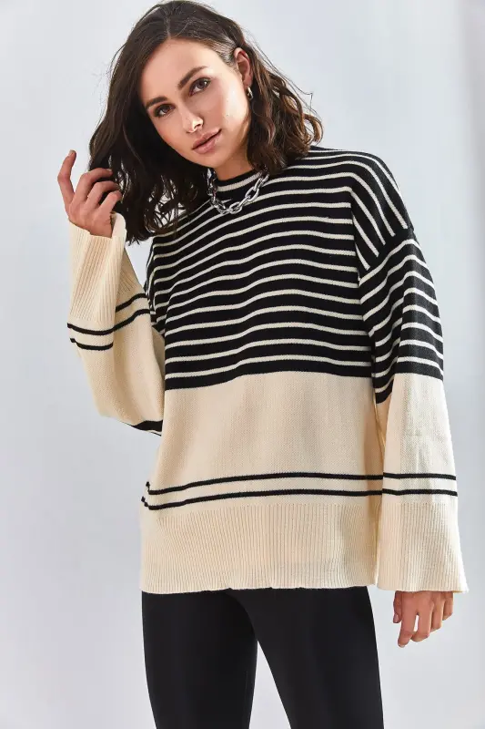 Kadın Çizgili Triko Kazak-Siyah - 4