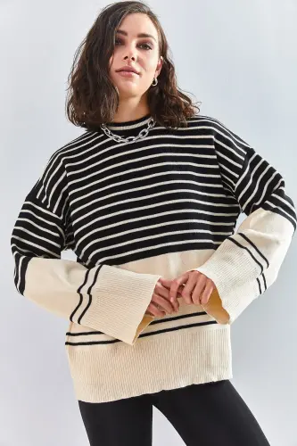 Kadın Çizgili Triko Kazak-Siyah - 5