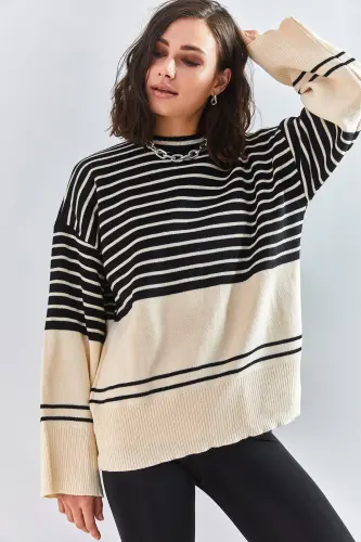 Kadın Çizgili Triko Kazak-Siyah - 6