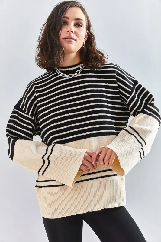 Kadın Çizgili Triko Kazak-Siyah - 5