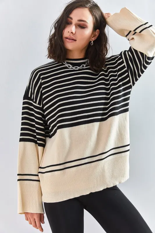 Kadın Çizgili Triko Kazak-Siyah - 6