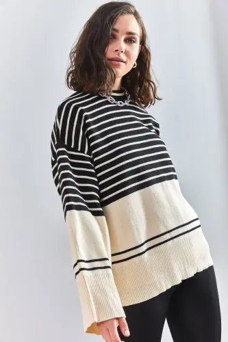 Kadın Çizgili Triko Kazak-Siyah - 7