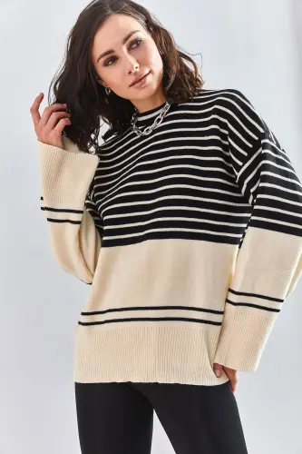 Kadın Çizgili Triko Kazak-Siyah - 8