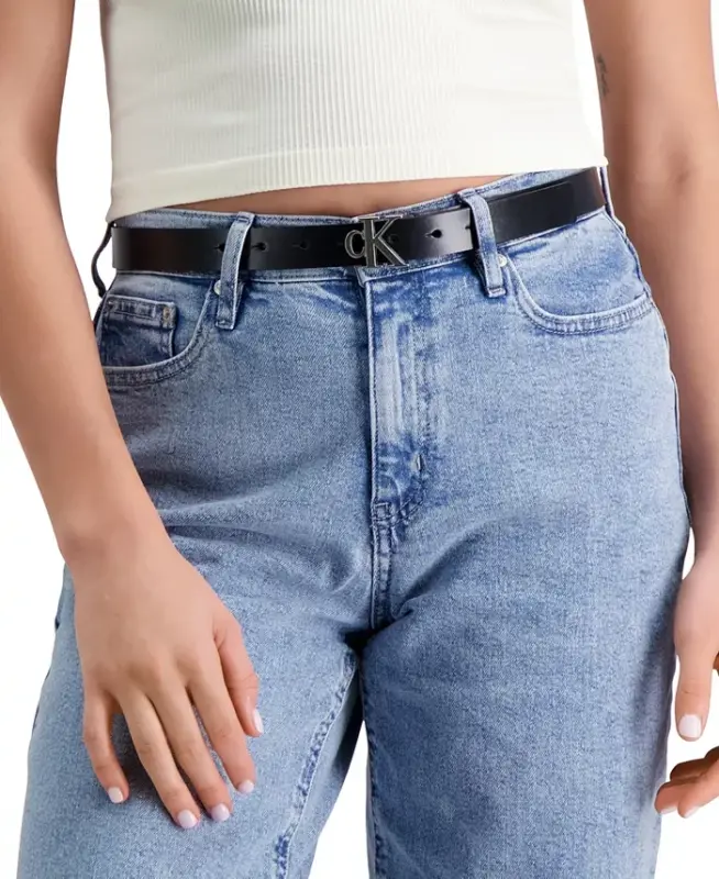 Women's CK Monogram Buckle Skinny Belt-Black - 4
