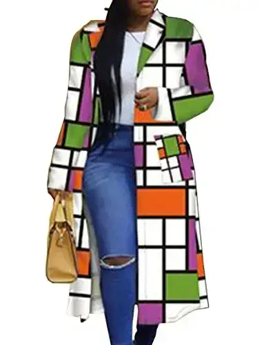 Women's Colored Geo Turn Down Collar Trench Coat Colorful Outerwear Cardigan Long Blazer Jacket - 1
