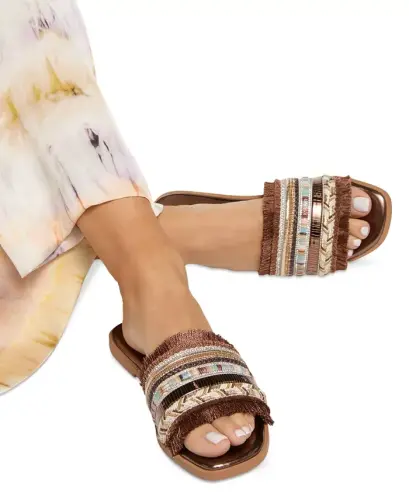Women's Coralya Embellished Flat Sandals - Cognac Woven - 6