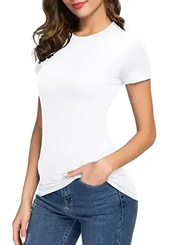 Women's Crewneck Slim Fitted Short Sleeve T-Shirt Stretchy Bodycon Basic Tee Tops - 3