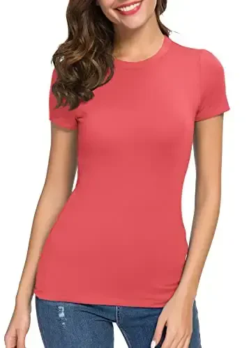Women's Crewneck Slim Fitted Short Sleeve T-Shirt Stretchy Bodycon Basic Tee Tops - 6