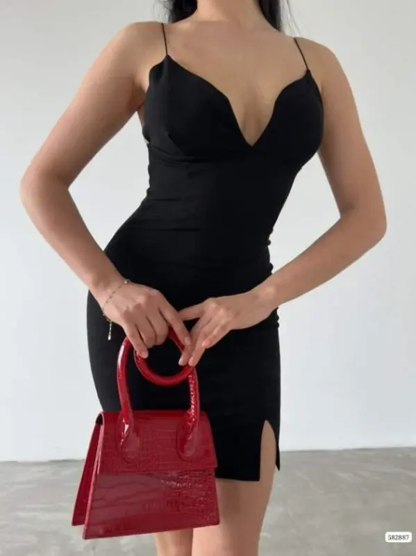 Kadın Dalgıç Krep Kumaş Askılı Mini Elbise - BÜYÜKBEDENIZ