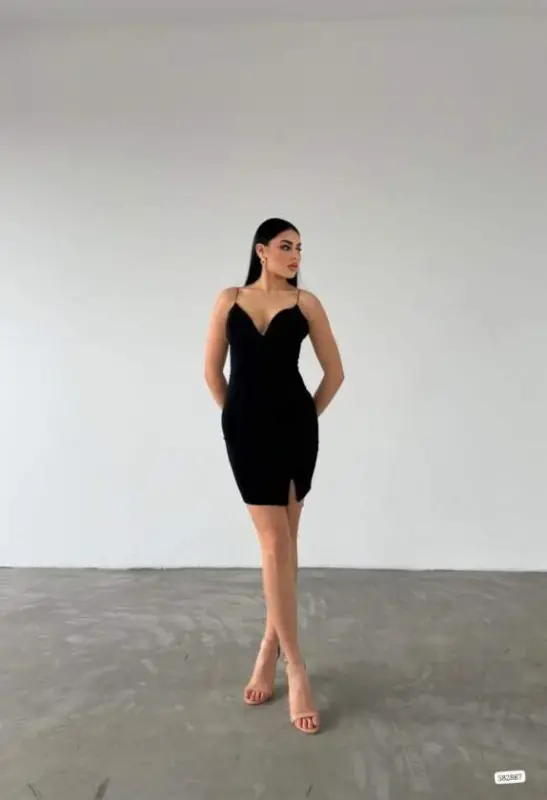 Kadın Dalgıç Krep Kumaş Askılı Mini Elbise - 2