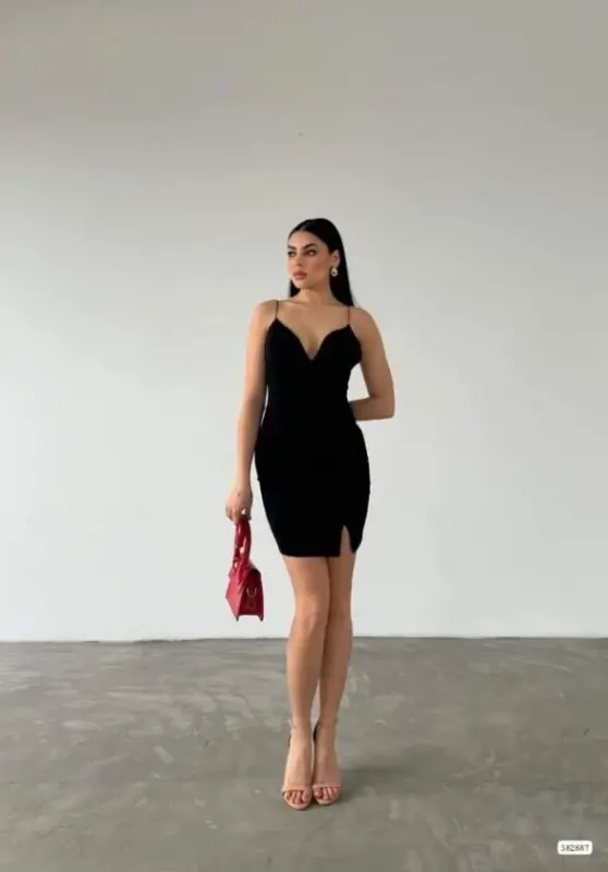 Kadın Dalgıç Krep Kumaş Askılı Mini Elbise - 3