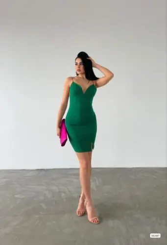 Kadın Dalgıç Krep Kumaş Askılı Mini Elbise - 2