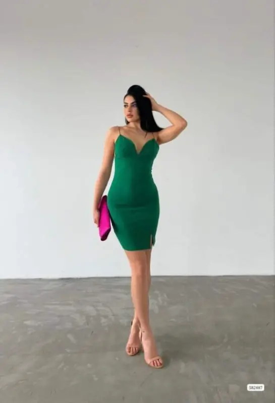 Kadın Dalgıç Krep Kumaş Askılı Mini Elbise - 2