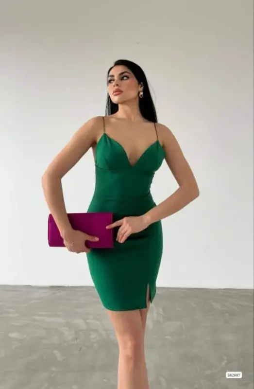 Kadın Dalgıç Krep Kumaş Askılı Mini Elbise - 3