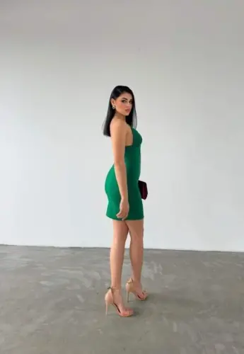 Kadın Dalgıç Krep Kumaş Askılı Mini Elbise - 4