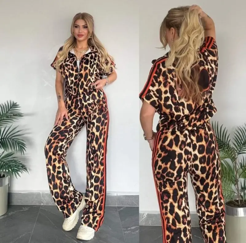 Kadın Dalgıç Kumaş Dijital Leopar Baskılı şerit Detaylı Takım - 1