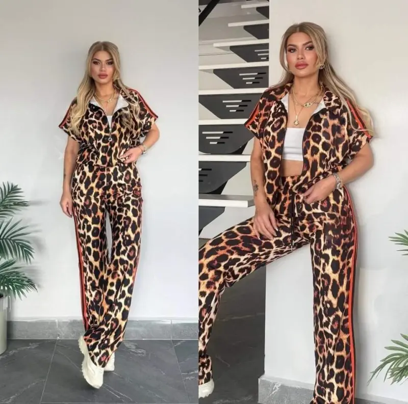Kadın Dalgıç Kumaş Dijital Leopar Baskılı şerit Detaylı Takım - 2