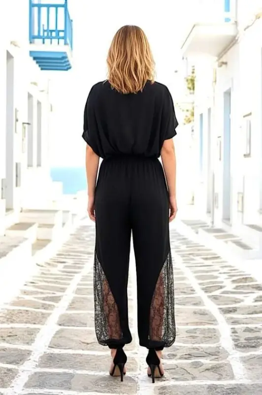 Kadın Dantel Detay Keten Kumaş Beli Lastikli Pantolon - 2