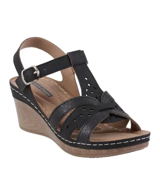 Women's Darry Perforated T-Strap Slingback Wedge Sandals-Black - GC SHOES