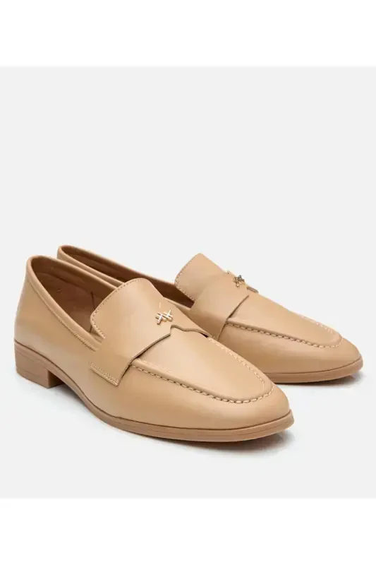 Kadın Deri Bej Logo Detaylı Loafer-NATUREL - 7