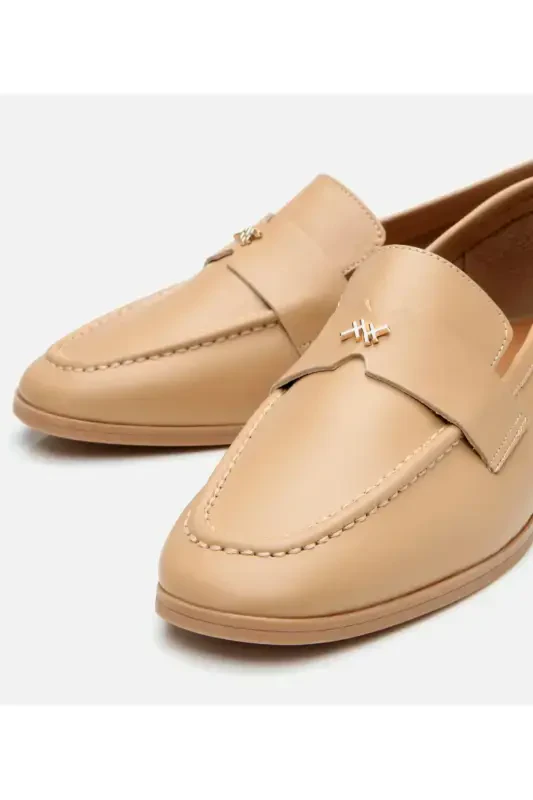 Kadın Deri Bej Logo Detaylı Loafer-NATUREL - 4
