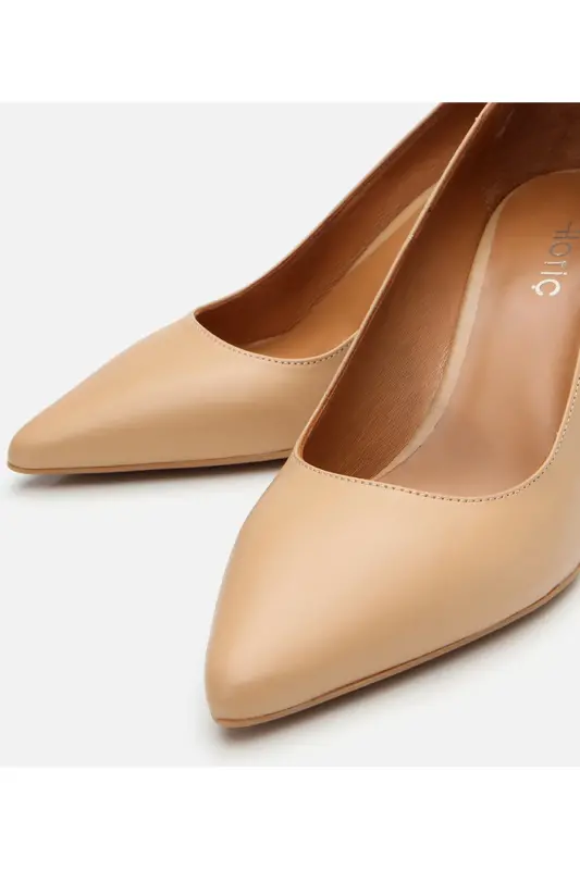 Kadın Deri Bej Orta Topuklu Stiletto-NATUREL - 4