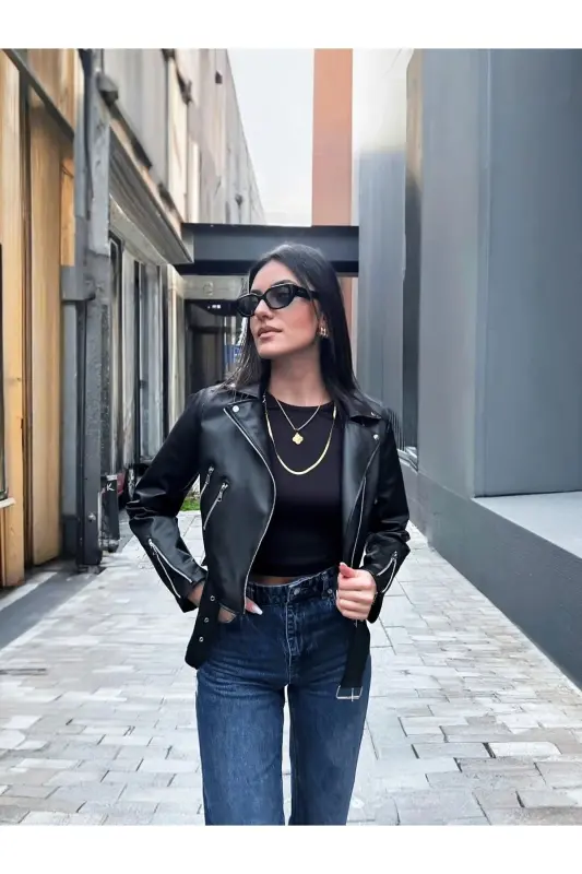Kadın Deri Ceket Dikişsiz-SİYAH - 3
