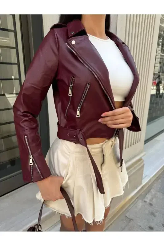 Kadın Deri Ceket Dikişsiz-Bordo - 1