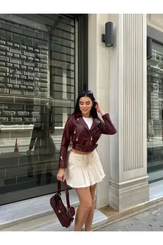 Kadın Deri Ceket Dikişsiz-Bordo - 4