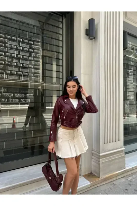 Kadın Deri Ceket Dikişsiz-Bordo - 4
