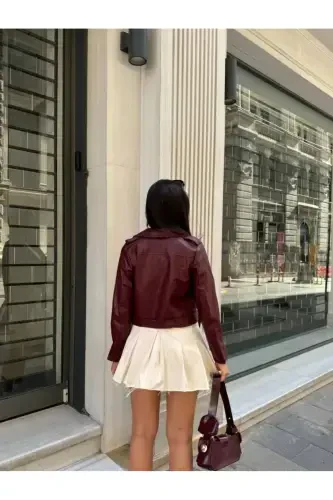 Kadın Deri Ceket Dikişsiz-Bordo - 5