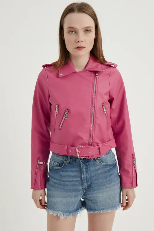 Kadın Deri Ceket Dikişsiz - pembe - 4