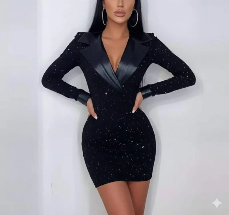 Kadın Deri Detaylı Manşet Yaka Simli Fukara Kumaş Mini Elbise - BÜYÜKBEDENIZ