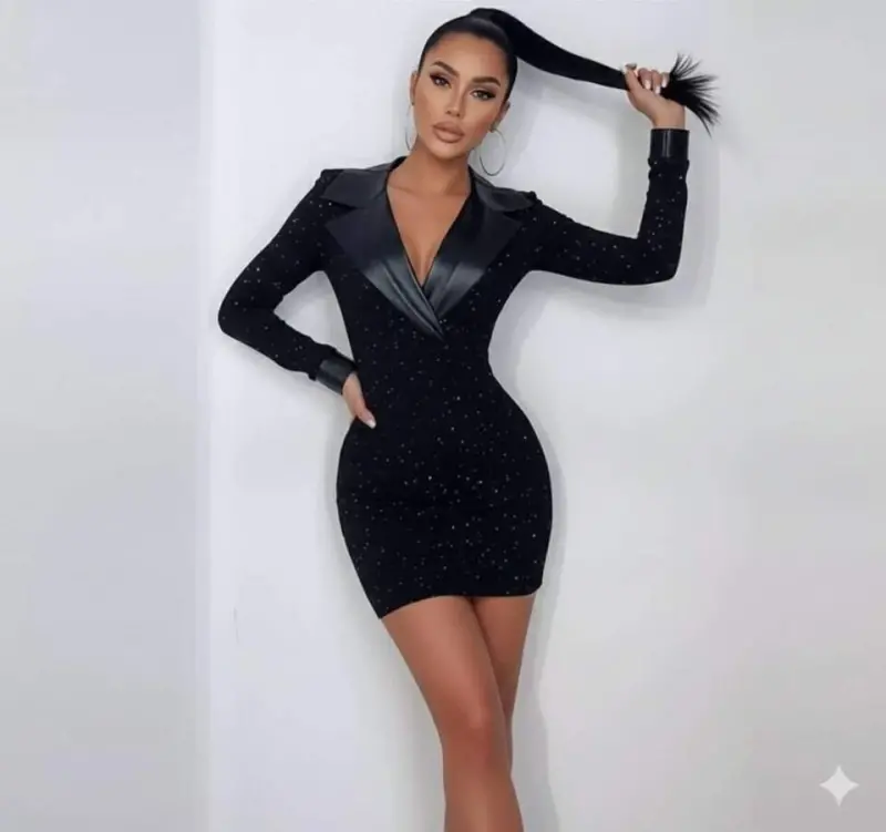 Kadın Deri Detaylı Manşet Yaka Simli Fukara Kumaş Mini Elbise - 2