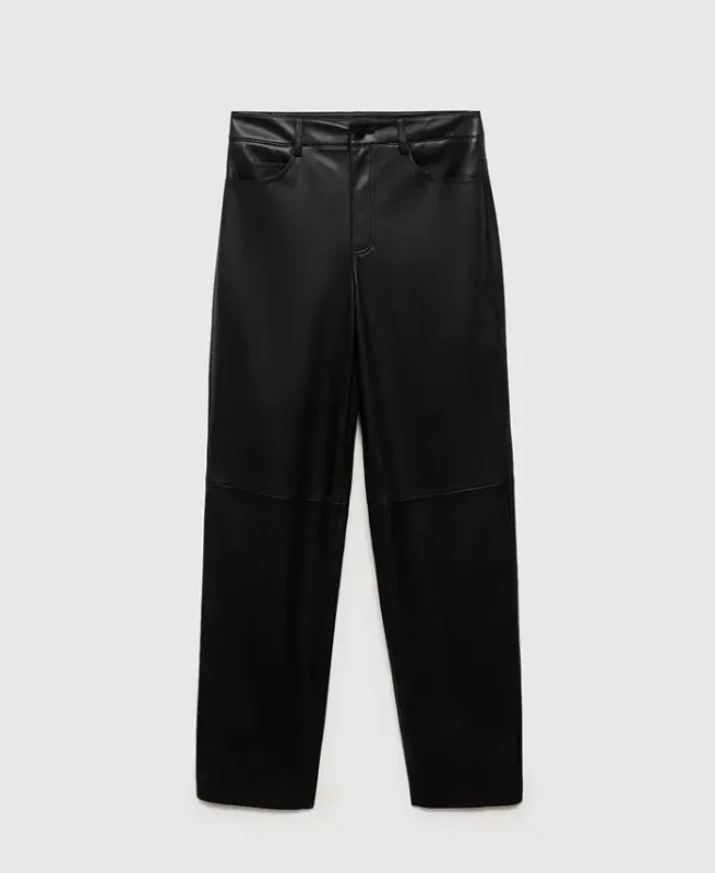 Women's Leather-Effect Straight Trousers - Black - 2