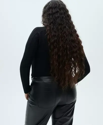 Women's Leather-Effect Straight Trousers - Black - 3