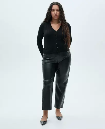 Women's Leather-Effect Straight Trousers - Black - 4