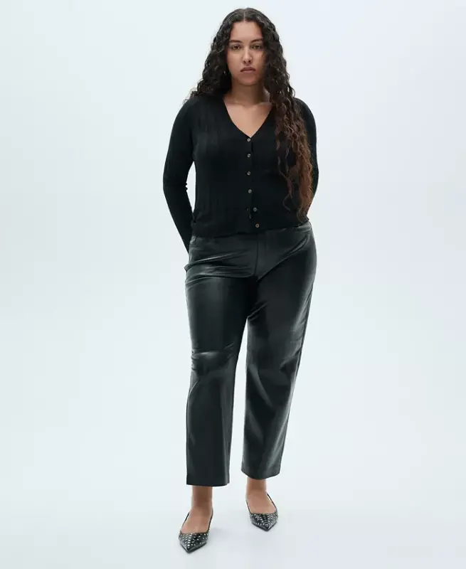 Women's Leather-Effect Straight Trousers - Black - 4
