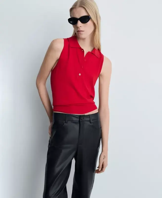 Women's Leather-Effect Straight Trousers - Black - 5
